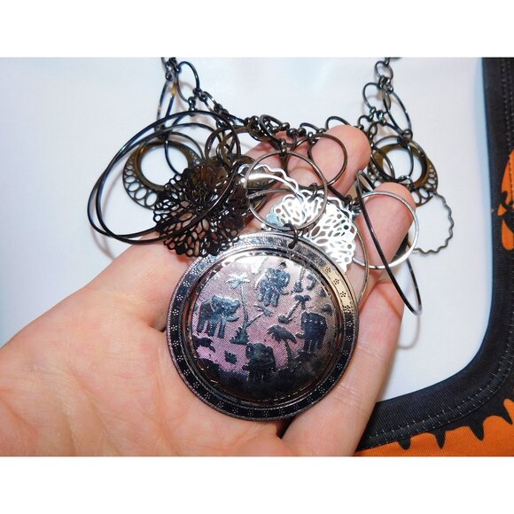 Abstract Floral Elephant Silver Tone Medallion Necklace - Picture 8 of 11